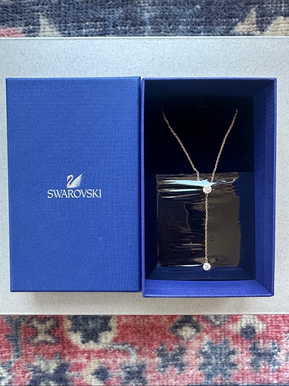 NWT Swarovski Rose Gold Y Drop Necklace with Clear Crystals